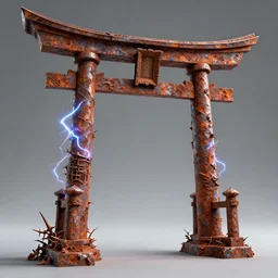 3 d render of a carved rusty torii gate sculpture, chrometype, made of liquid metal, neotribal with thorns and thunders, cyberpunk deconstructed japanese temple, raytraced, volumetric lightning, 8 k, by zhelong xu, ouchh and and innate studio