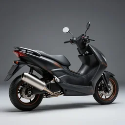 photo of a chopper yamaha tmax concept scooter, ratrod rims, black matte rust paintjob, tiranium racing exhaust, studio light, 8 5 mm, f / 1. 3