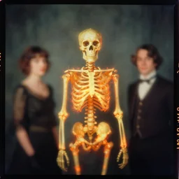 kodak portra 4 0 0, wetplate, motion blur, portrait photo of a backdrop, skelleton, golden 1 9 2 0 s, coloured in orange fire, sparkling, by georges melies and by wes anderson and by britt marling, muted colours