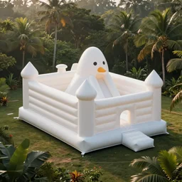 huge white adult bouncy castle playground in big egg form, on the tropical forest, style by anish kapoor, parts by shih chieh huang, warm soft light, bird view, shallow depth of field realistic, 8 k, hyperrealism, subsurface scattering, raytracing