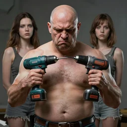 grumpy chunky bald man with electric drills instead of hands, home wrecked, hyperrealistic digital art masterpiece, highly detailed neo pop surrealism, jason limon kay sage hannah yata, dramatic lighting, low angle, uhd 8 k, sharp focus