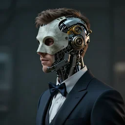 a smart young engineer man with cybernetic enhancements wearing a suit and bowtie, detailed mask, scifi character portrait by greg rutkowski, esuthio, craig mullins, 1 / 4 headshot, cinematic lighting, dystopian scifi gear, gloomy, profile picture, mechanical, half robot, implants, steampunk