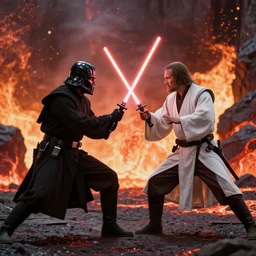 sith versus jedi fighting with lava in background and explosions bokeh 4k highly detailed quality still from movie