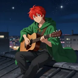 red haired man character with a guitar in his hand, sitting on a roof top at night with many stars, wearing a nice green cloak, very artistic pose, background in blurred, perfect lighting. professional design. great composition, illustration, highly detailed, digital painting, concept art, trending on artstation, by katsuya terada