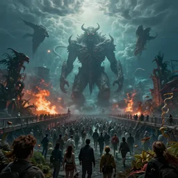 underwater end of the world among crowd of lot of people, clouds, fire, demons, plants, bridge, buildings, people, serpent, strange creatures walking around, falling from sky, big titan creature in the center, by vladimir kush and giger and zdzislaw