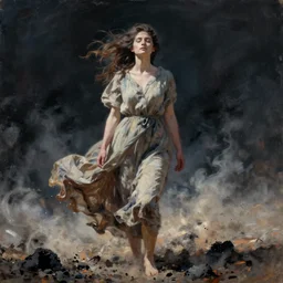 The painting depicts a woman standing in a field of ashes, her dress billowing in the wind. Her hair is wild and her eyes are closed, and she seems to be in a trance-like state. The painting is dark and atmospheric, and the ashes in the field seem to be almost alive, swirling around. high-key lighting by Ken Kelly