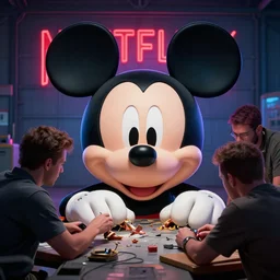 the head of mickey mouse inside the hangar repaired by people, netflix neon logo on the background, the concept art of eddie mendoza, greg rutkowski and artgerm