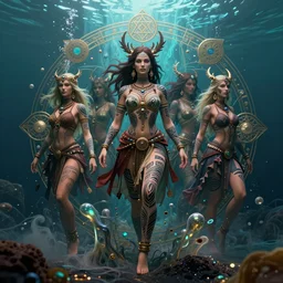a centered full body render of alluring festival hippies with tribal tattoos surrounded by a underwater ink pour and flowing liquid galium and sacred geometry, perfect body and faces, powerful, cinematic, beautifully lit, by artgerm, by karol bak, by donato giancola, 3 d, trending on artstation, octane render, 8 k