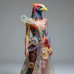 a fashion editorial of sadie sinkas a brightly colored eagle amphibian hybrid with wet translucent mutated skin. wearing a mutated organic dress. by tom bagshaw, donato giancola, hans holbein, walton ford, gaston bussiere, peter mohrbacher, brian froud and iris van herpen. 8 k, cgsociety