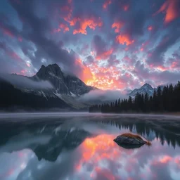 beautiful landscape photography by marc adamus, dolomites, a lake, mist, reflections,, sunset, dramatic sky