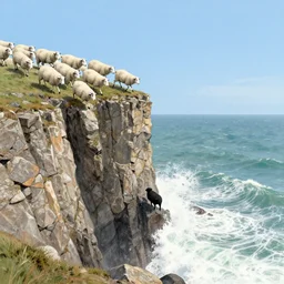 forty five white sheep racing towards a single cliff made of jagged rock and we can see them falling like lemmings down the cliff into the sea and facing the crashing white waves, there is one single black sheep going against the crowd, clear blue skies, old colored sketching, panoramic shot