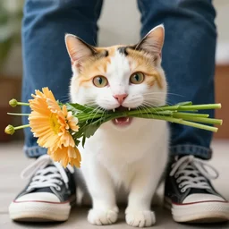 pov shot photography of white yellow black cat, biting a flowers bouquet in her mouth, under my feet wearing jeans and sneakers, large happy eyes, octane render, photorealistic, 8 k
