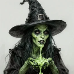 green skinned witch melting, horror, highly detailed, character portrait, digital painting, artstation, concept art, matte, sharp focus, illustration, art by artgerm and greg rutkowski and michael whelan and gustave dore and alphonse mucha