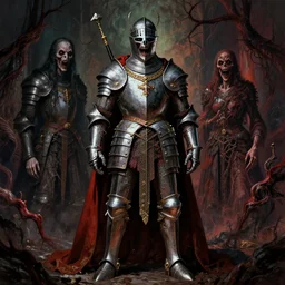 cinematic colorful horror artwork by jean delville, beksinski, bernie wrightson ; ancient knight wearing royal ornamented armor, full body concept, haunting, brutal scary terrifying, 8 k hdr, creepy intricate ; dramatic lighting, insanely detailed