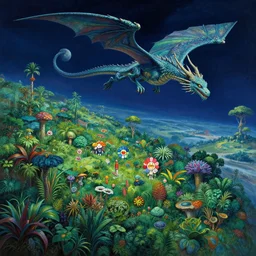 beautiful ultradetailed and ultrasharp painting of an alien planet with lush vegetation, at night with a giant dragon flying in the air by victo ngai, derek zabrocki tomokazu matsuyama, takashi murakami, featured in behance, featured in artstation, unreal engine, colorful