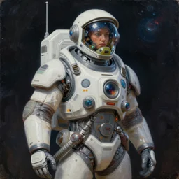 futuristic space explorer. oil painting. unreal engine. mucha,