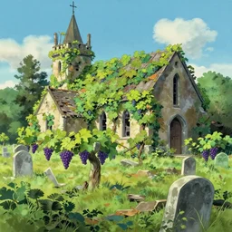 a traditional gouache painting of grapevine bushes, grapevine covered church reclaimed by nature, in the middle of old cemetery destroyed after hurricane, panorama, a matte painting by makoto shinkai, ghibli anime, deviantart, matte drawing, concept art, matte painting