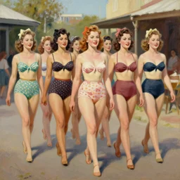 1940s group of pinup bikini girls walking around 1940s Adelaide, in Australia, oil painting, by Gil Elvgren