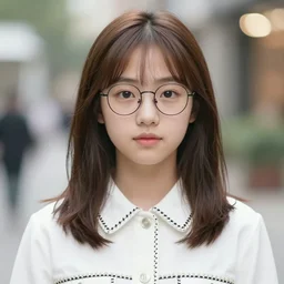 portrait, award - winning photo, cute, beautiful, faired skin, round faced, brown colored long hair, bob cut, korean girl, wearing round glasses, white trendy clothes, bokeh