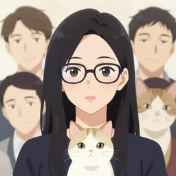 a centered full anime portrait of one lady wearing eyeglasses with one cat by wlop, loish, ilya kuvshinov, makoto shinkai, and artgerm, elegant, vivid colors, hyperdetailed artistic lines, intricate, in the style of borderlands, artstation, 8 k
