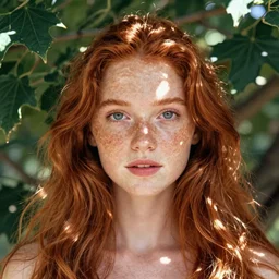 Cute redhead girl with freckles, sunlight filtering through leaves, still from a film, Panavision C Series Anamorphic Lenses, Eastman Color Negative II 100T 5247/7247 Film