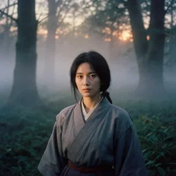portrait bust of mage, woman, film grain, kodachrome, dense forest, black hair, cloth, heavy fog, hudson river school, 4 k, dramatic lighting, sunrise, hayao miyazaki, masashi ando, nizou yamamoto, kazuo oga, joe hisaishi, yoji takeshige, naoya tanaka