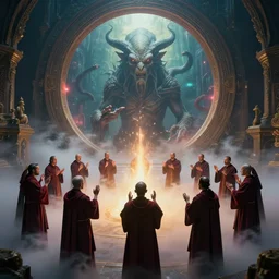 center view of a group of priest in circle invoking an hyper realistic lovecraft creature portrait in a huge ritual portal, 4 k, fantasy art, glamorous composition, wide - angle shot, cinematography lighting, volumetric fog, vivid colors, magical realism, realistic
