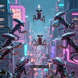 a swarm of mantis-xenomorphs approaching a city, digital art, highly detailed, intricate, sci-fi, neon colors, sharp focus, Trending on Artstation HQ, deviantart, unreal engine 5, 4K UHD image