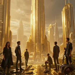a golden scifi city's by greg rutkowski, sung choi, mitchell mohrhauser, maciej kuciara, johnson ting, maxim verehin, peter konig, 8 k photorealistic, cinematic lighting, hd, high details, dramatic, atmosphereric, trending on artstation