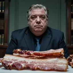 low angle close - up of haunting viktor orban sitting behind a table full of bacon