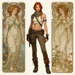 portrait of a full body of beautiful young female solarpunk adventurer, fantasy, flat lighting, intricate, highly detailed, digital painting, artstation, concept art, smooth, sharp focus, illustration, art by simon bisley and greg rutkowski and alphonse mucha, natural tpose