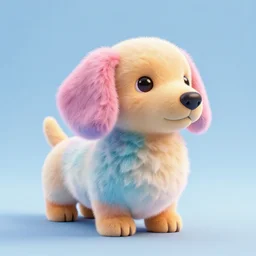 high quality 3 d render hyperrealist very cute very fluffy smooth dachshund plush mascot, photo from the side, multi pastel colors, vray, smooth background, artstation, ultra detailed