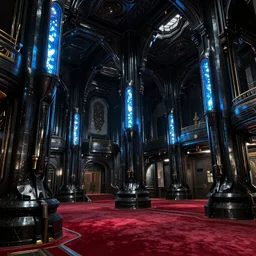 interior_of_the_imperial_dalvoxus_palace, cold black steel ceruleum glowing lamps sci fi high tech, crimson_carpet_and_gilded_glitchart_decor_black_dripping_obsidian_elegance_cinematic_Keyframe_chiaroscuro_by_James_Gurney_4k_matte_painting