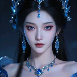 portrait of demon goddess with perfect skin, glowing, ornate and intricate blue jewelry, jaw dropping beauty, glowing background lighting, white accent lighting, hyper detailed, 4 k octane render
