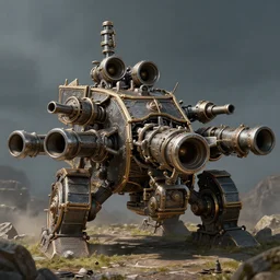 a war machine with many big guns, fantasy, d&d, detailed, hyper realistic,