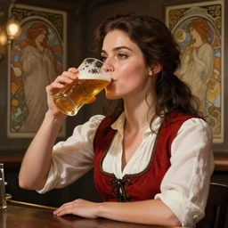 an bar woman drinking beer, wild west, pretty, glossy skin, white blouse with a red vest, beauty, digital painting, artstation, concept art, soft light, hdri, smooth, sharp focus, illustration, fantasy, intricate, elegant, highly detailed, D&D, matte painting, in the style of Greg Rutkowski and Alphonse Mucha and artemisia, 8k,