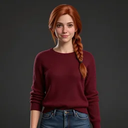 a detailed realistic depiction of beautiful jodi from stardew valley wearing burgundy sweater and denim jeans, auburn hair thin french braid, in the style of peter mohrbacher, artgerm, kind brown eyes, weak smile, dramatic lighting and composition, octane render, trending on artstation, concept art 8 k