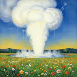 a beautiful painting of a large nuclear geyser erupting in a field of flowers by moebius