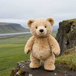 a high - quality photograph of a teddy bear taking a selfie while standing over a cliff, overlooking a meadow in iceland