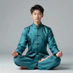 boy, asian, meditating in lotus position, full body, teal suit, intricate, elegant, highly detailed, artstation, sharp focus, illustration, ruan jia, mandy jurgens, rutkowski, mucha