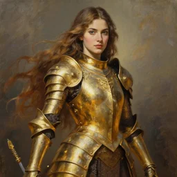 beautiful female warrior, half body portrait, long flowing hair, heavy gold armour, realistic oil painting by boris valejo