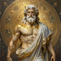 painted back portrait of rugged zeus greek god by greg rutkowski craig mullins artgerm alphonse mucha many dripping gold, white hair handsome muscular upper body mature flowing robe [ ancient greek motifs ] background fantasy intricate elegant detailed digital painting concept art artstation sharp focus illustration