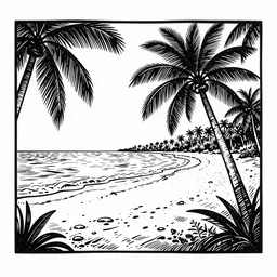 art by brian reedy, a beautiful black ink linocut print of a tropical beach, 8 k, frostbite 3 engine, cryengine, dof, trending on artstation, digital art, crepuscular ray