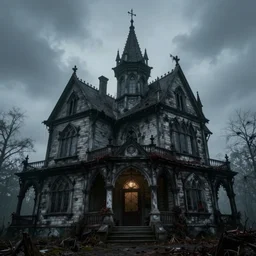 low wide angle shot of a gothic creepy house that's haunted by humans living inside of it