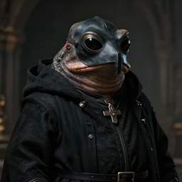 a portrait, a plump amphibious humanoid wearing a black plague doctor mask, wearing black medieval robes, medical doctor, style by donato giancola, wayne reynolds, jeff easley dramatic light, high detail, cinematic lighting, artstation, dungeons and dragons