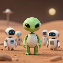 high quality presentation photo of cute alien robots on mars, photography 4k, full body, f1.8 anamorphic, bokeh, 4k, Canon, Nikon