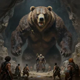 colossal angry bear warrior outside a cave looming down at some humans, fierce, giant, high fantasy, chiaroscuro, highly detailed, sharp focus, smooth, oil matte painting, by ismail inceoglu, filiphodas, vaporwave, concept art, hd