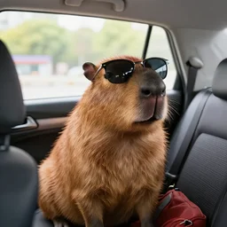 capybara wearing sunglasses in the back of a taxi