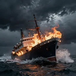 large ship being tossed about in a fiery storm in the sea, dark, low light, terrifying, beautiful