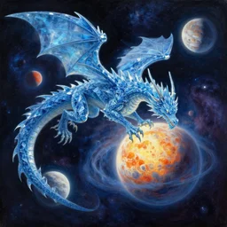 prompt crystalline blue dragon, devouring a planet, space, planets, moons, sun system, nebula, oil painting, by Fernanda Suarez and and Edgar Maxence and greg rutkowski